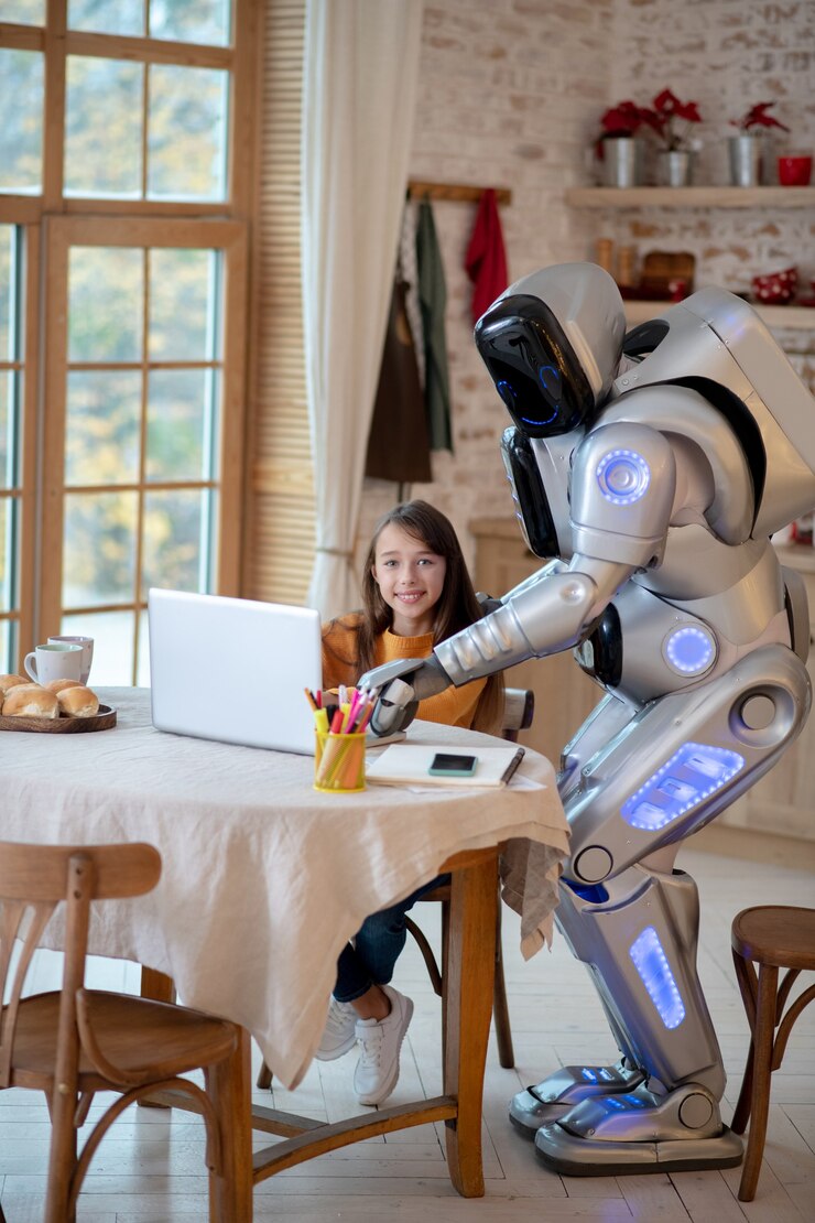 Foto robot y una niña mirando videos en línea