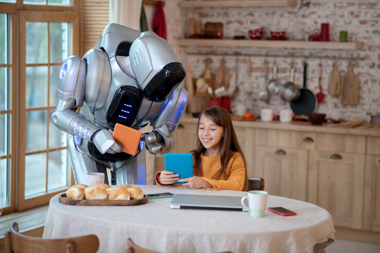 Foto robot y una niña mirando videos en línea