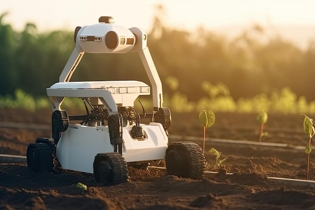 Robot no tripulado trabajando en campo agrícola IA generativa