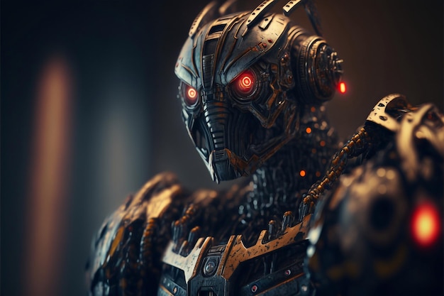 Un robot con un ojo rojo brillante y un casco negro.