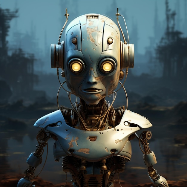 un robot con ojos amarillos y una cabeza grande
