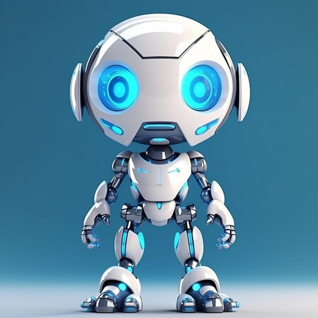 Un robot con ojos azules se alza sobre un fondo azul.