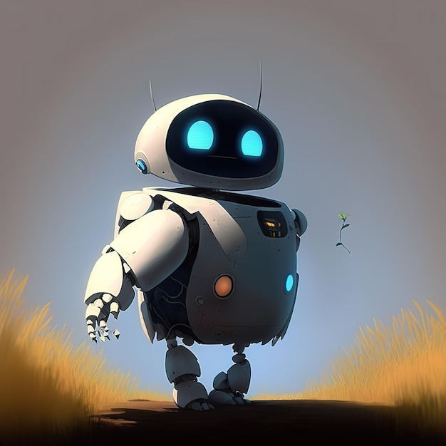 Un robot de ojos azules camina por un campo con un hombre al fondo.