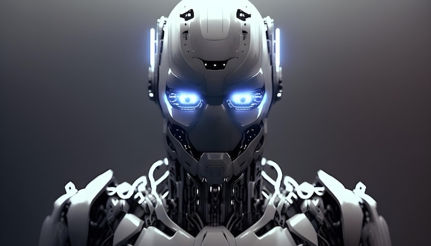 Un robot con ojos azules y fondo blanco.