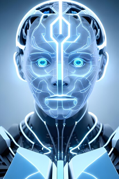 Un robot con ojos azules y ojos azules brillantes.