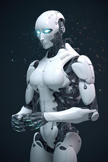 un robot con ojos azules y ojos brillantes azules se encuentra frente a un fondo negro