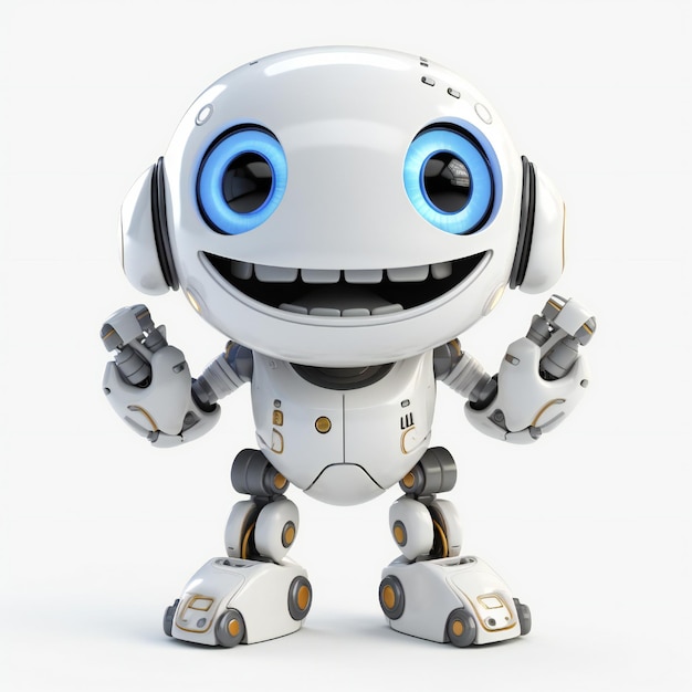 Un robot con ojos azules y una sonrisa en su rostro.