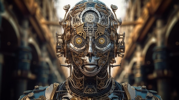 Un robot con ojos de metal dorado y una cara con engranajes de metal dorado.