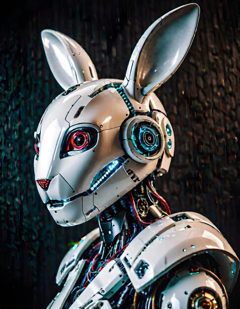 un robot con ojos rojos y azules y un robot blanco a la izquierda