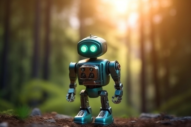 Un robot con ojos verdes se encuentra en un bosque.