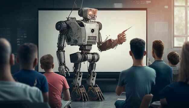 un robot con una pantalla detrás de él que dice robot