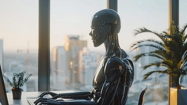 Foto un robot parecido a un humano se sienta en un escritorio en una oficina usando una computadora portátil para mostrar el valor de la automatización en tareas repetitivas y humildes