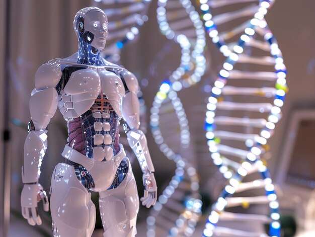 Robot con parte de figura humanoide con injertos digitales de piel que muestra avanzados