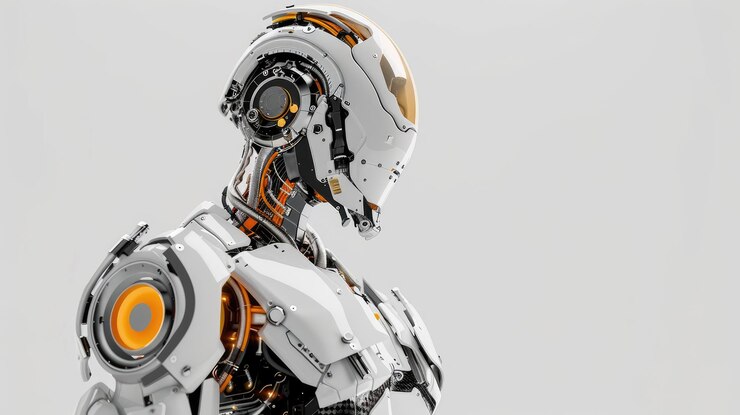 Un robot con partes naranjas y blancas se encuentra frente a un fondo blanco