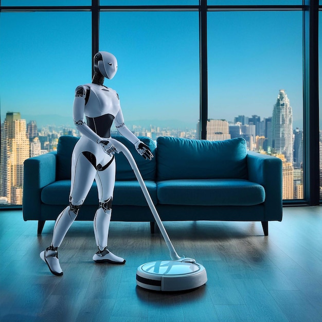 un robot de pie frente a una ventana con una vista del paisaje urbano en el fondo