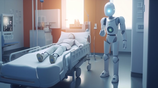 Robot de pie junto a una cama de hospital