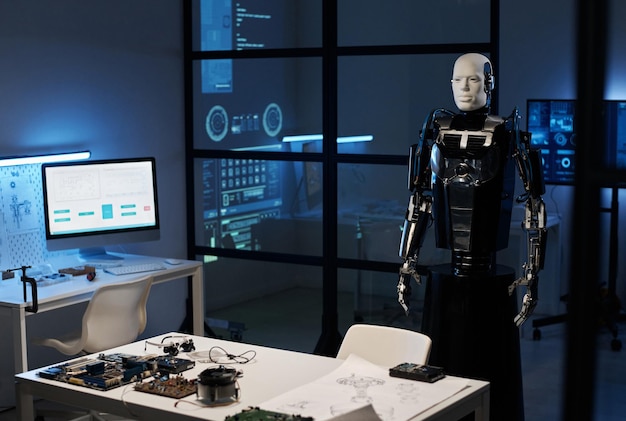 Robot de pie en un laboratorio moderno