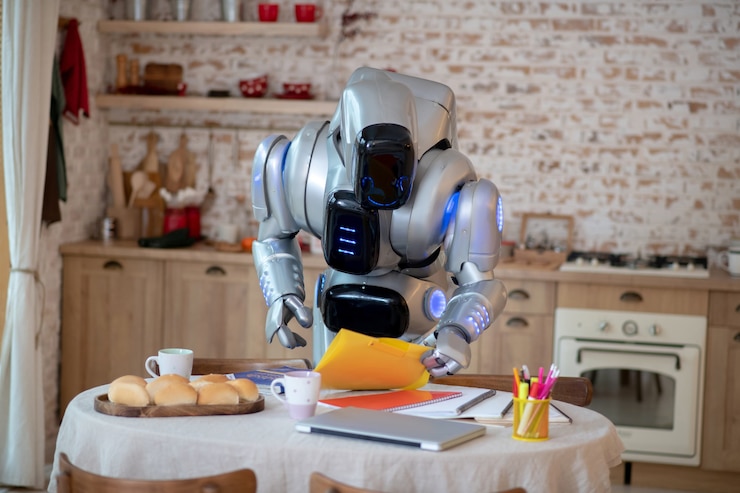 Foto robot de pie mientras mira libros y cuadernos de la mesa