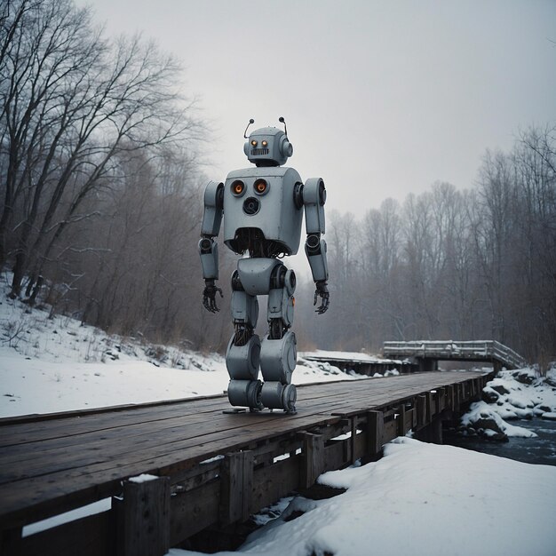 Foto un robot está de pie en un puente de madera en la nieve