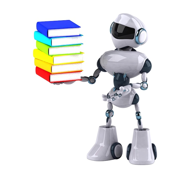 Foto un robot con una pila de libros en él