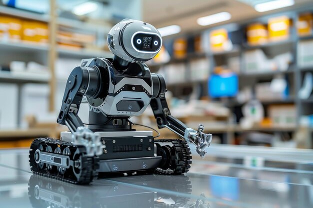 Robot con pistas y brazo robótico en un entorno de laboratorio