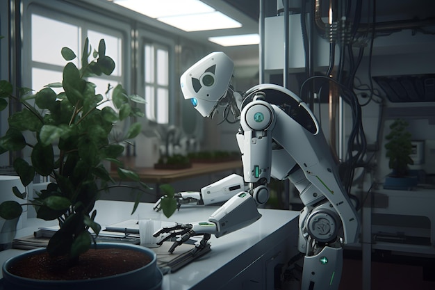 Un robot con una planta verde al fondo.