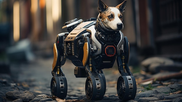 Un robot policía perro patrullando la ciudad mostrando un concepto futurista