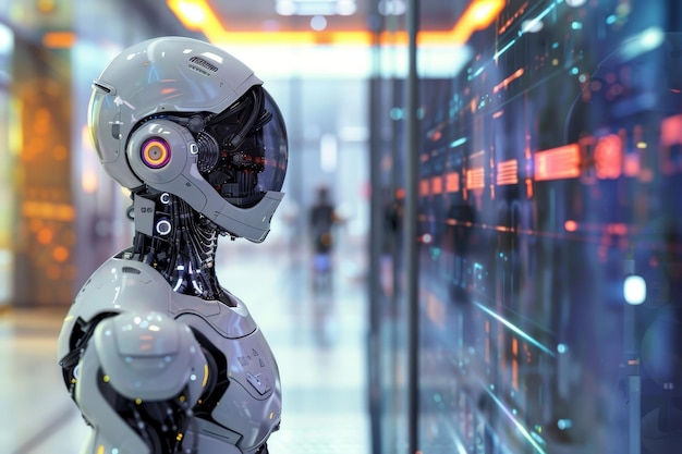 Foto un robot está posicionado frente a una barrera de vidrio transparente que muestra la fusión de tecnología y arquitectura ilustrar el impacto de la automatización en la fuerza de trabajo en un entorno futurista