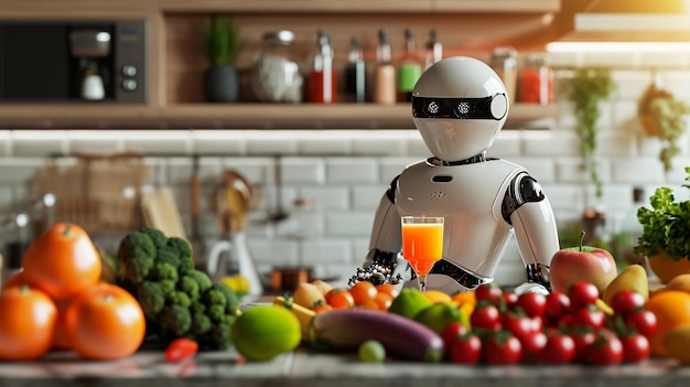 el robot prepara jugo de frutas y bayas frescas en la cocina