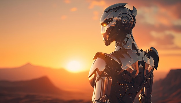 Un robot con una puesta de sol de fondo.