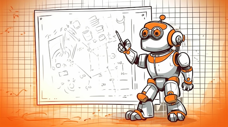Foto un robot con un puntero apuntando a una pizarra blanca con un dibujo de un robot.