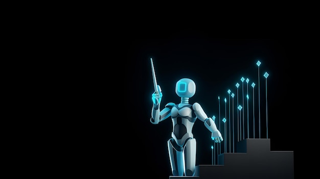 Un robot con un puntero en la mano se encuentra en una escalera.
