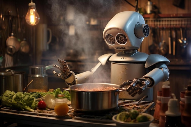 Foto un robot que está cocinando comida en una mesa