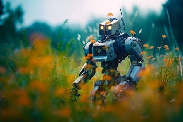 Robot que está parado en la hierba con una luz en la cabeza IA generativa