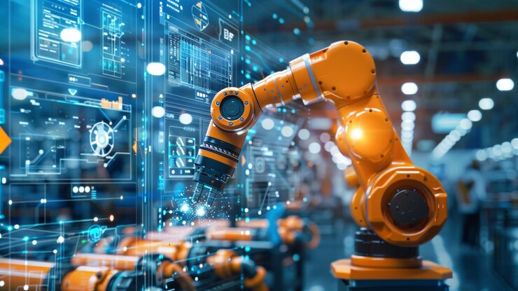 Robot que opera una máquina en una fábrica