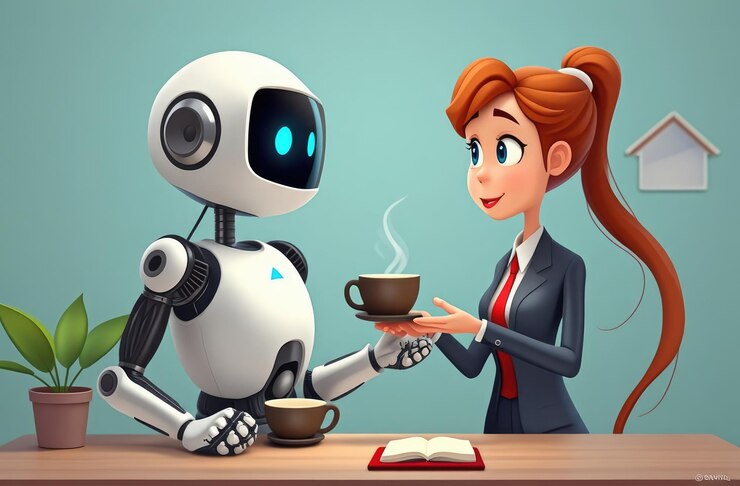 Foto robot que sirve café a una trabajadora de oficina sorprendida ilustración 3d divertida concepto de asistente de ia