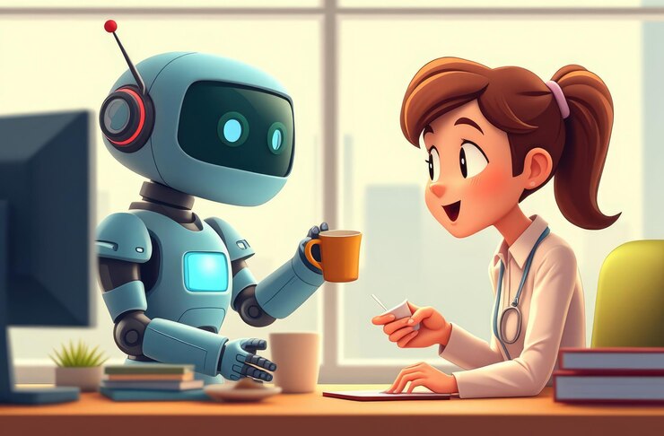 Foto robot que sirve café a una trabajadora de oficina sorprendida ilustración 3d divertida concepto de asistente de ia