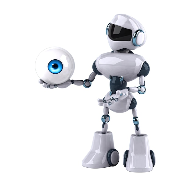 un robot que tiene un ojo azul y un objeto blanco en el medio