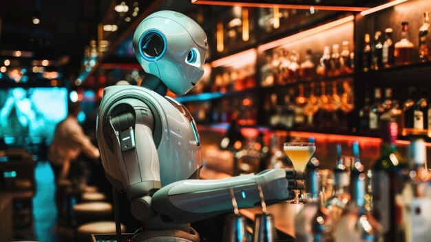 El robot que trabaja como camarero en el bar y sirve la bebida AIG43