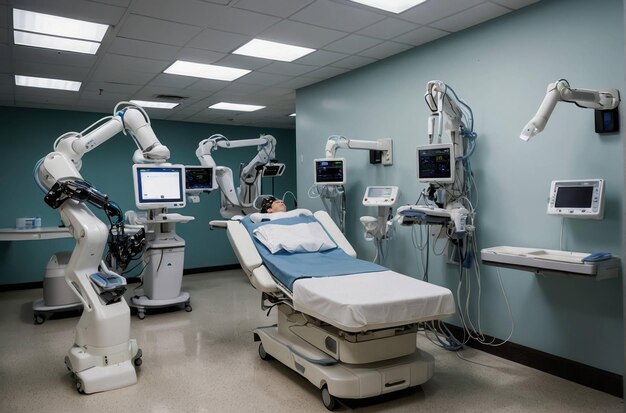 Un robot quirúrgico moderno y un equipo médico