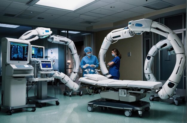 Un robot quirúrgico moderno y un equipo médico