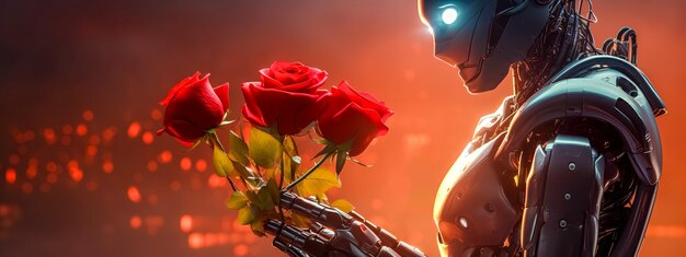 Robot con ramo de rosas rojas regalo para celebrar hecho con IA Generativa Alta calidad