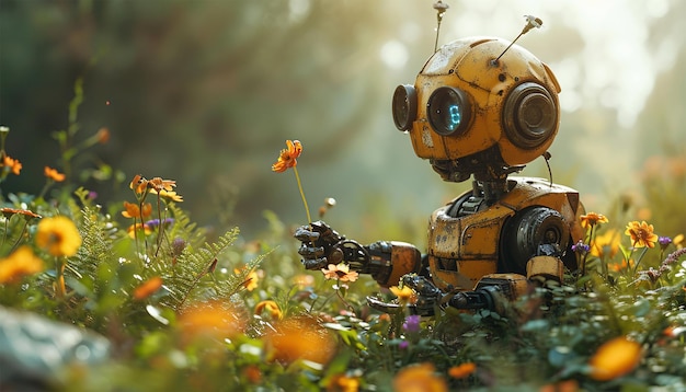 Robot recogiendo flores en un campo de flores silvestres perfil facial de IA inteligencia artificial en humanoides