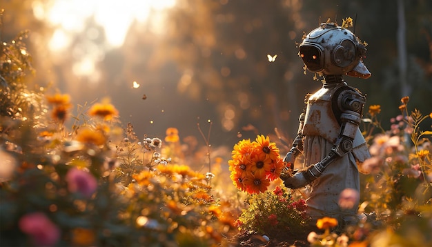 Robot recogiendo flores en un campo de flores silvestres perfil facial de IA inteligencia artificial en humanoides