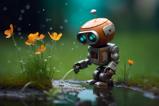 Un robot regando flores en un campo