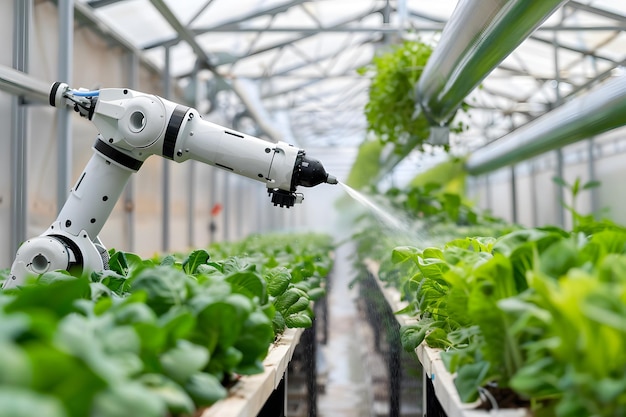 Foto un robot regando verduras en un invernadero con una manguera que está rociando agua