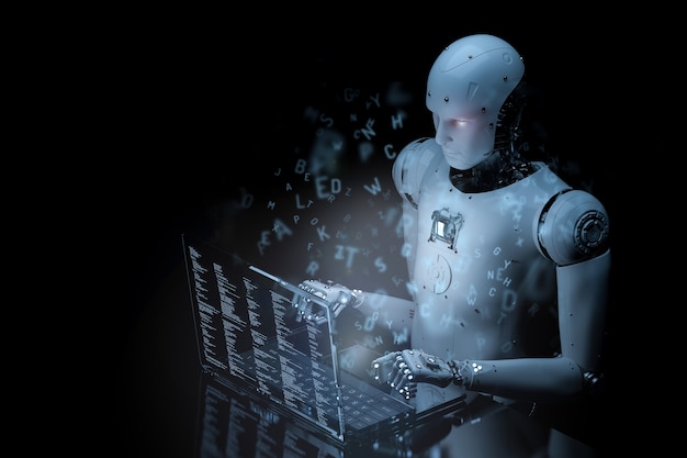 Robot de renderización 3D trabajando en una computadora portátil de vidrio