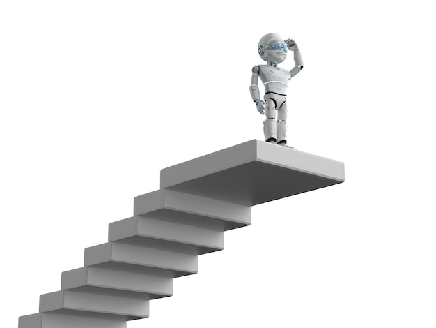 Robot de renderizado 3D en busca de oportunidades en la parte superior de las escaleras