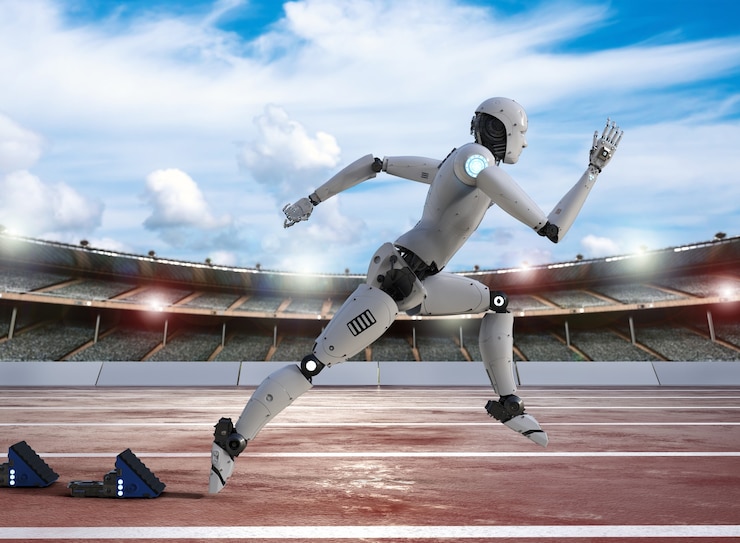 Foto robot de renderizado 3d corriendo en el hipódromo en el estadio