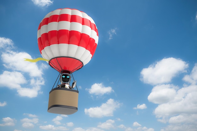 Foto robot de renderizado 3d en globo aerostático volar en cielo azul